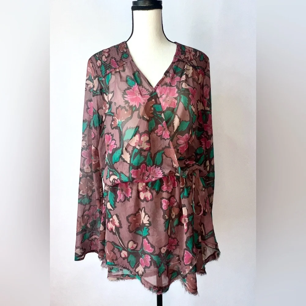 Free People Flume Printed Asymmetrical Floral Sheer Wrap‎  Tunic Medium